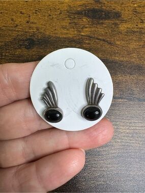 Vintage Sterling Silver and Black Wing Motif Earrings - No Hallmarks